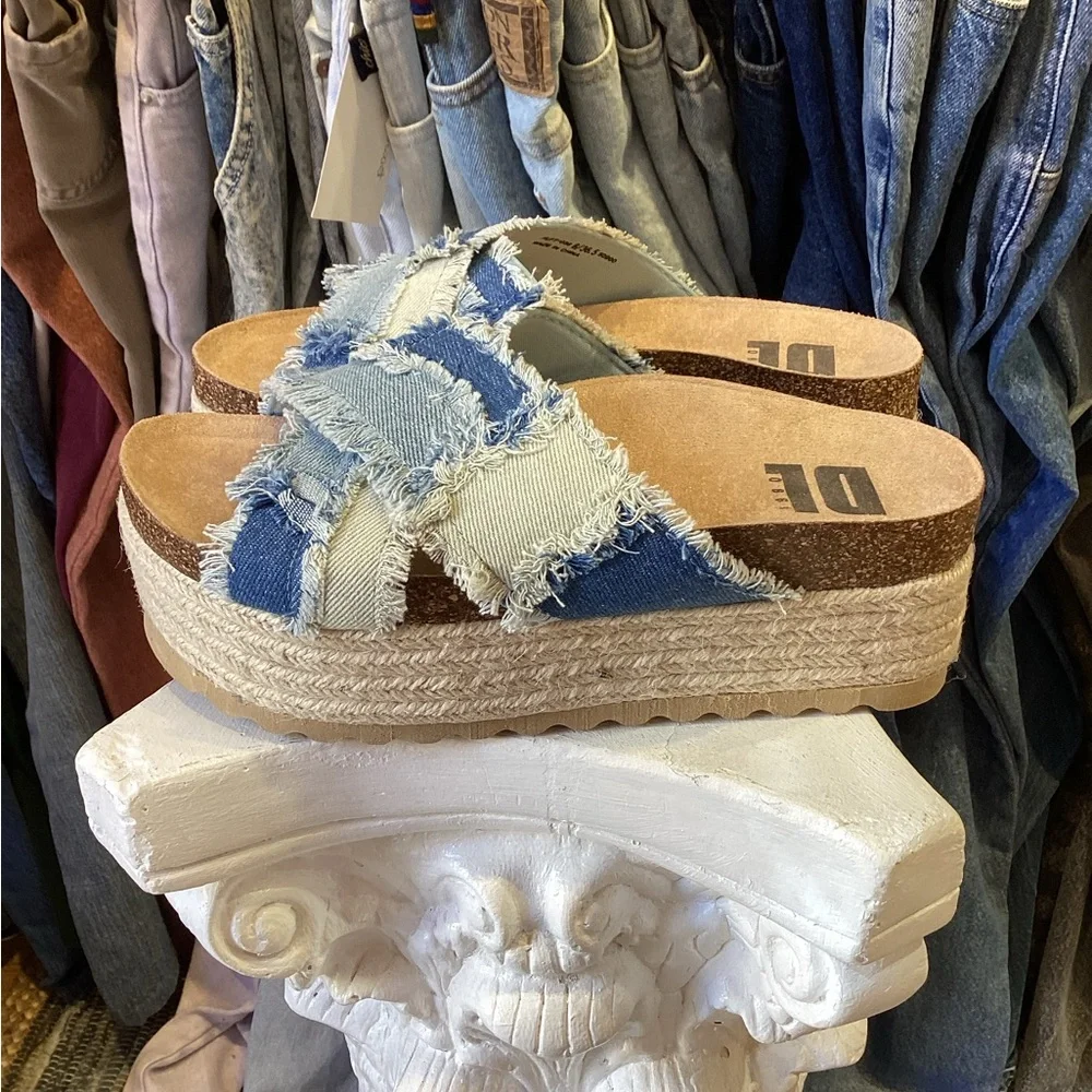 Dirty Laundry Blue Frayed Denim Platform Slide Sandals